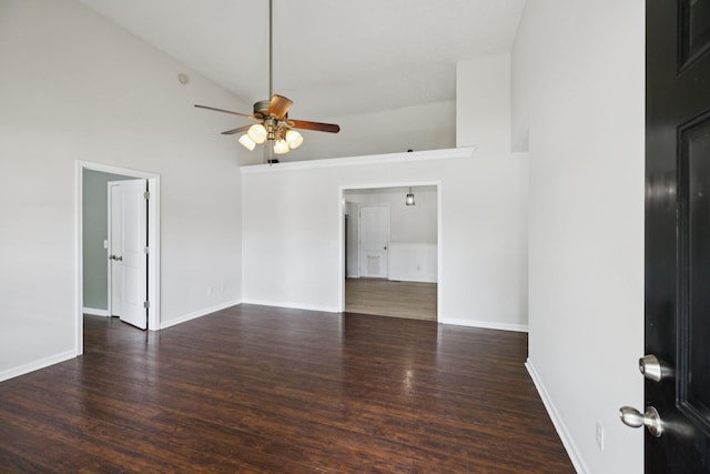 1006 Aretha Dr, Murfreesboro, TN 37128 - unfurnished room with ceiling fan, high vaulted ceiling, wood finished floors, and baseboards