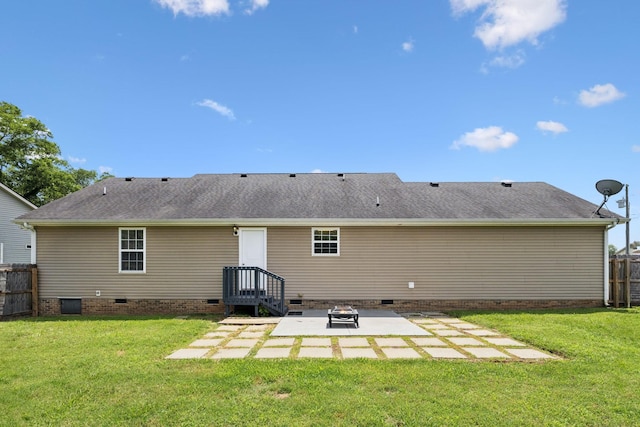 1006 Aretha Dr, Murfreesboro, TN 37128 - rear view of house with crawl space, a patio area, roof with shingles, and a fire pit
