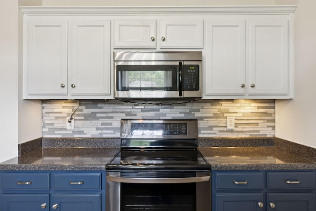 1006 Aretha Dr, Murfreesboro, TN 37128 - kitchen featuring stainless steel appliances, blue cabinetry, and backsplash
