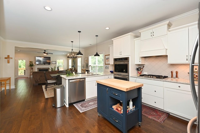 146 Monarchos Dr, Gallatin, TN 37066 - kitchen with blue cabinets, stainless steel appliances, wooden counters, open floor plan, and a sink