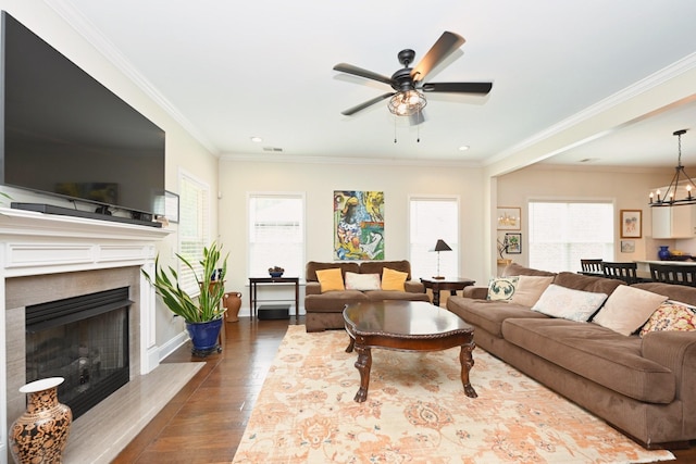 146 Monarchos Dr, Gallatin, TN 37066 - living room featuring a premium fireplace, dark wood finished floors, a ceiling fan, a chandelier, and ornamental molding