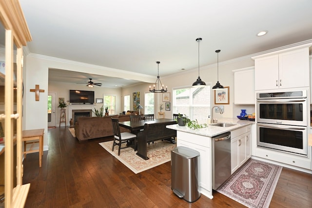 146 Monarchos Dr, Gallatin, TN 37066 - kitchen with a sink, appliances with stainless steel finishes, a peninsula, a fireplace, and dark wood-type flooring