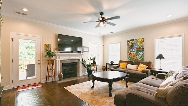 146 Monarchos Dr, Gallatin, TN 37066 - living room with a ceiling fan, dark wood-type flooring, a fireplace, crown molding, and recessed lighting