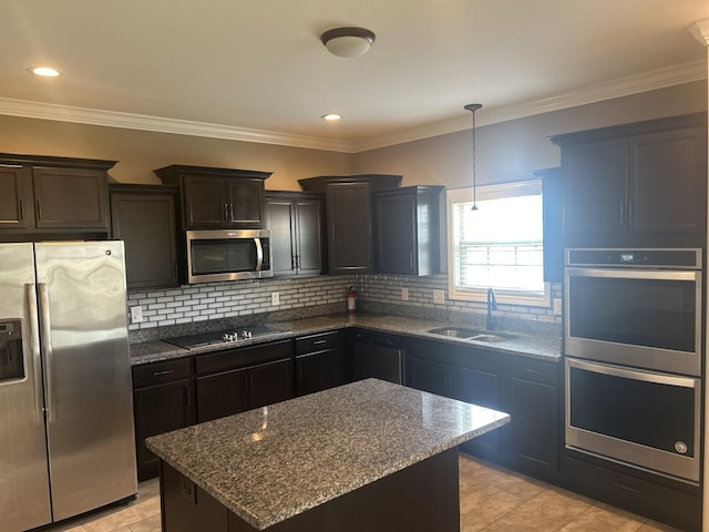 1370 Millet Dr, Clarksville, TN 37040 - kitchen with black appliances, a sink, dark stone countertops, ornamental molding, and tasteful backsplash