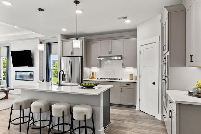 2481H Hamilton Ln, Lebanon, TN 37087 - kitchen featuring appliances with stainless steel finishes, gray cabinetry, under cabinet range hood, light wood-style floors, and a sink