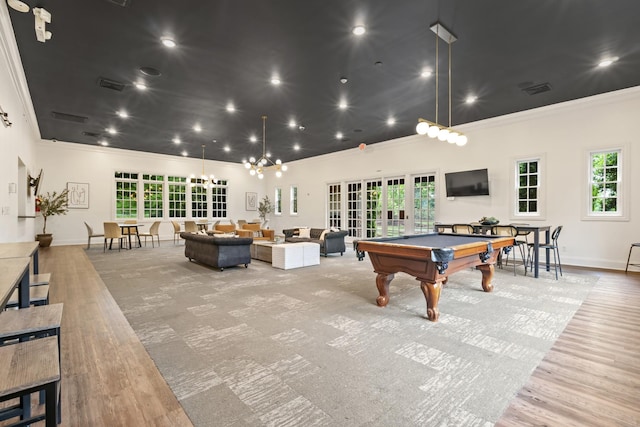3368 Vinemont Dr, Thompsons Station, TN 37179 - rec room with crown molding, billiards, healthy amount of natural light, french doors, and baseboards