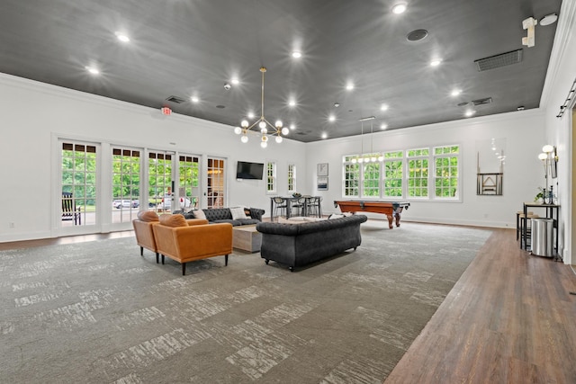 3368 Vinemont Dr, Thompsons Station, TN 37179 - living area featuring ornamental molding, pool table, baseboards, wood finished floors, and recessed lighting