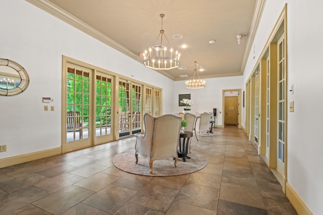 3368 Vinemont Dr, Thompsons Station, TN 37179 - dining room featuring ornamental molding, french doors, a chandelier, and baseboards