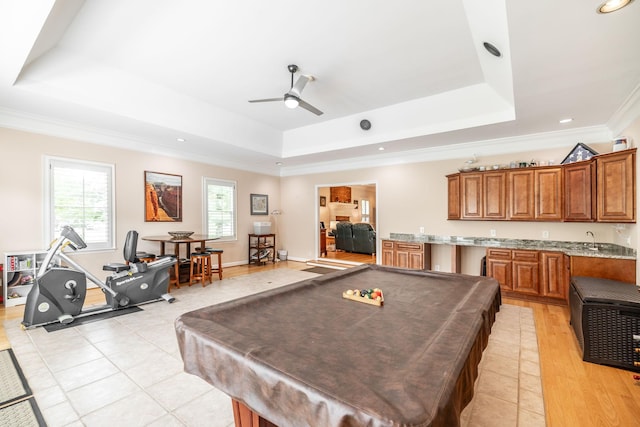 1234 Windsor Dr, Gallatin, TN 37066 - game room featuring a tray ceiling, a ceiling fan, crown molding, billiards table, and recessed lighting