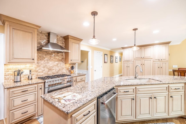 1234 Windsor Dr, Gallatin, TN 37066 - kitchen featuring wall chimney range hood, a sink, stainless steel appliances, ornamental molding, and light stone countertops
