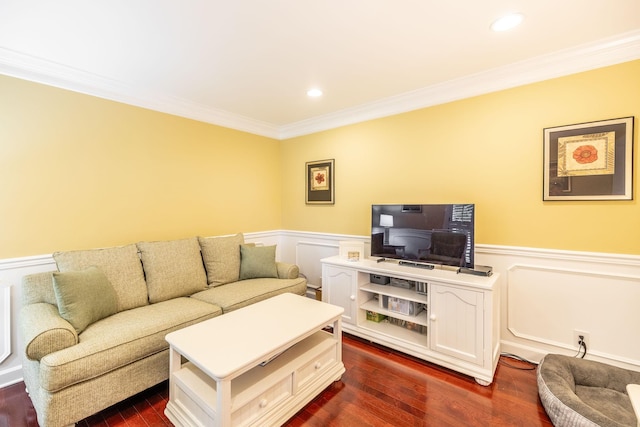 1234 Windsor Dr, Gallatin, TN 37066 - living room with a wainscoted wall, crown molding, a decorative wall, dark wood finished floors, and recessed lighting
