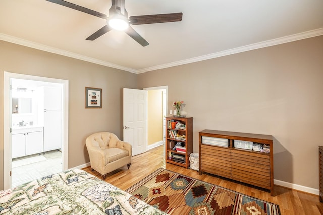 1234 Windsor Dr, Gallatin, TN 37066 - bedroom with crown molding, wood finished floors, baseboards, ensuite bath, and a ceiling fan