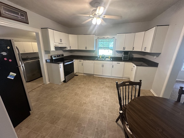 130 Post Oak Ave, Camden, TN 38320 - kitchen featuring stainless steel appliances, a sink, under cabinet range hood, a ceiling fan, and white cabinetry