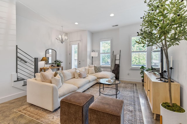 682 James Ave, Nashville, TN 37209 - living room featuring stairway, baseboards, recessed lighting, a chandelier, and light wood-type flooring