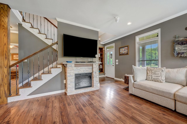 80 Latimer Cemetery Ln, Waverly, TN 37185 - living area with crown molding, wood finished floors, stairway, baseboards, and a fireplace