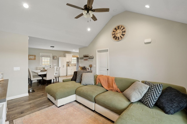611 Annas Way, Lewisburg, TN 37091 - living room with a ceiling fan, recessed lighting, light wood-type flooring, high vaulted ceiling, and baseboards
