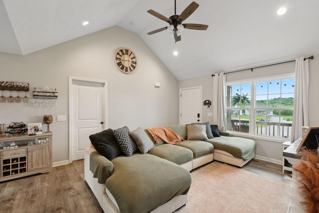 611 Annas Way, Lewisburg, TN 37091 - living area featuring light wood-style flooring, recessed lighting, ceiling fan, baseboards, and high vaulted ceiling