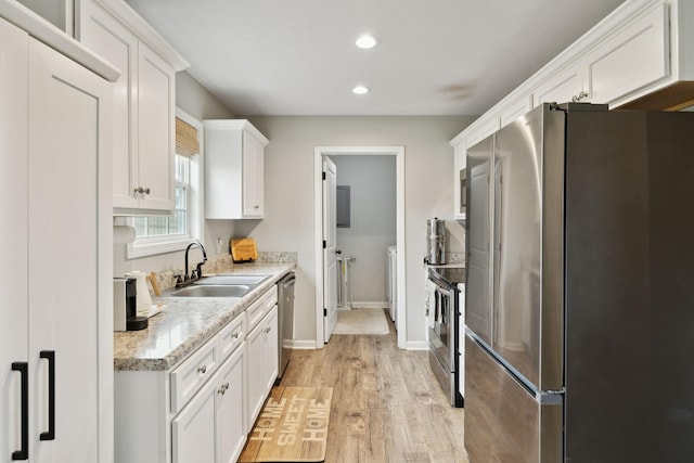 611 Annas Way, Lewisburg, TN 37091 - kitchen featuring appliances with stainless steel finishes, a sink, white cabinetry, recessed lighting, and light wood-type flooring