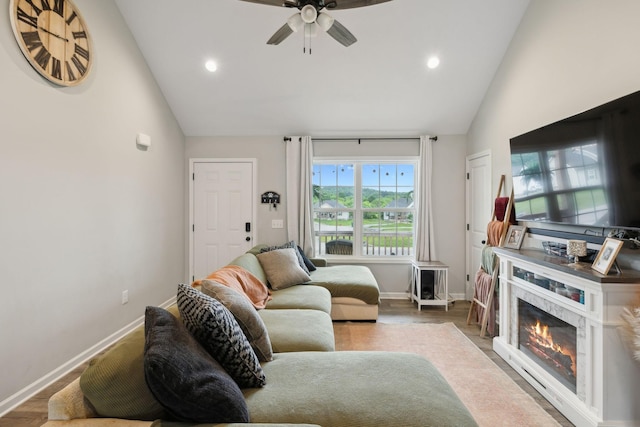 611 Annas Way, Lewisburg, TN 37091 - living area with high vaulted ceiling, ceiling fan, baseboards, recessed lighting, and wood finished floors