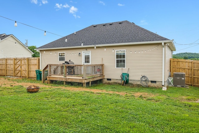 611 Annas Way, Lewisburg, TN 37091 - back of property featuring a fire pit, a wooden deck, cooling unit, crawl space, and roof with shingles