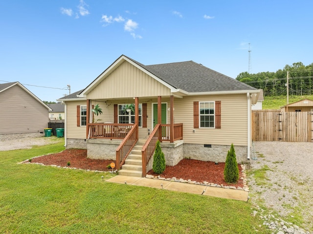 611 Annas Way, Lewisburg, TN 37091 - bungalow-style home featuring covered porch, crawl space, a shingled roof, and a gate