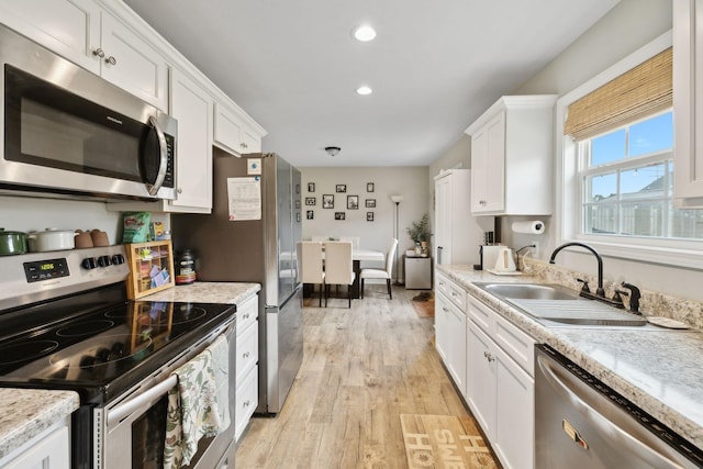 611 Annas Way, Lewisburg, TN 37091 - kitchen with stainless steel appliances, a sink, white cabinetry, light wood-style flooring, and recessed lighting