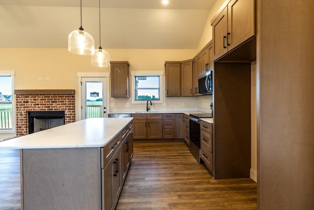 5359 Roy Holman Rd, Springfield, TN 37172 - kitchen featuring stainless steel appliances, a sink, dark wood finished floors, a kitchen island, and lofted ceiling