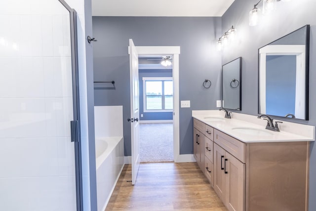5359 Roy Holman Rd, Springfield, TN 37172 - bathroom with wood finished floors, double vanity, a garden tub, and a stall shower