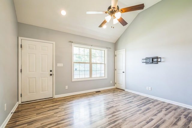 1435 Silver Creek Rd, Lewisburg, TN 37091 - foyer with wood finished floors, a ceiling fan, high vaulted ceiling, and baseboards