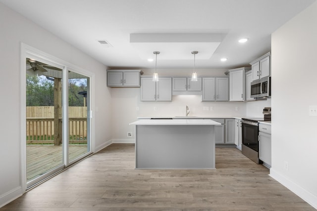 1013 Cherry Acres Dr, Clarksville, TN 37042 - kitchen featuring appliances with stainless steel finishes, gray cabinets, a kitchen island, light countertops, and recessed lighting