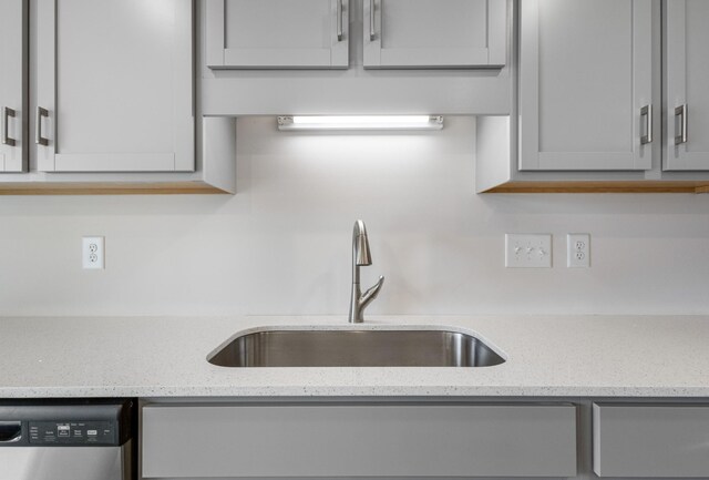 1013 Cherry Acres Dr, Clarksville, TN 37042 - kitchen featuring a sink, gray cabinets, stainless steel dishwasher, light stone counters, and tasteful backsplash