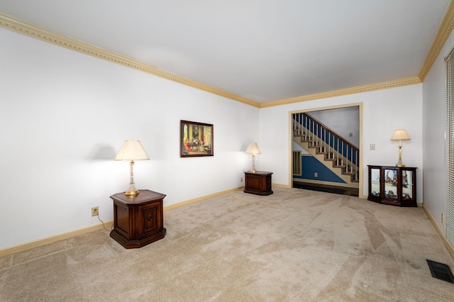 412 Benton Ln, Franklin, TN 37067 - living room with ornamental molding, carpet, stairs, and baseboards