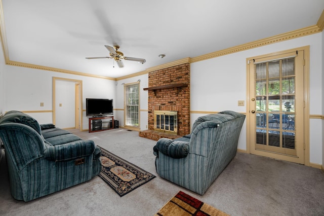 412 Benton Ln, Franklin, TN 37067 - carpeted living area with ceiling fan, ornamental molding, and a fireplace