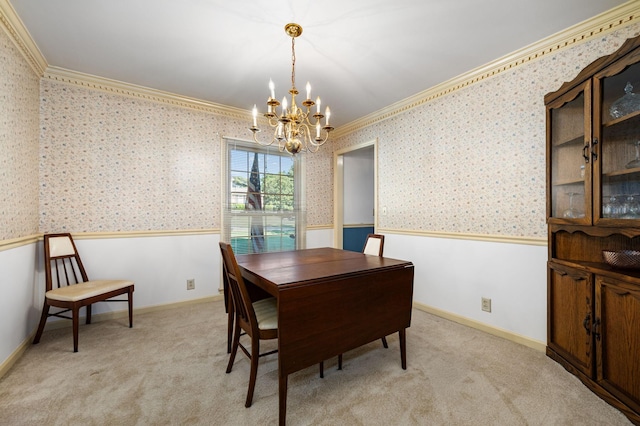 412 Benton Ln, Franklin, TN 37067 - dining area featuring ornamental molding, wainscoting, a chandelier, wallpapered walls, and light carpet