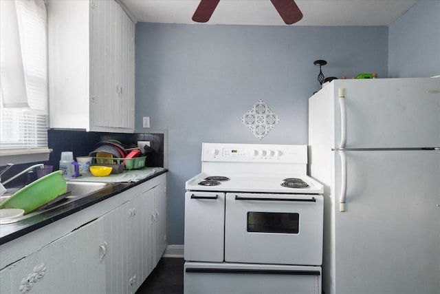 525 Maple St, Lewisburg, TN 37091 - kitchen featuring white appliances, a ceiling fan, a sink, tasteful backsplash, and white cabinets