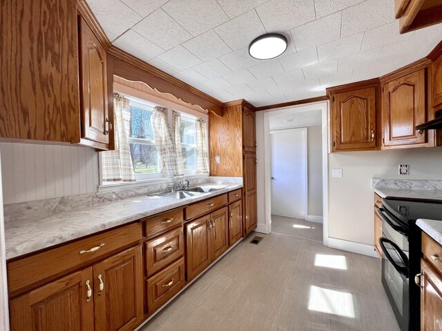 715 Hunt St, Winchester, TN 37398 - kitchen featuring double oven range, brown cabinets, a sink, light countertops, and baseboards