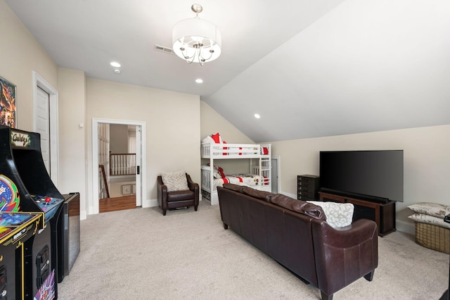 6690 Hastings Ln, Franklin, TN 37069 - living area featuring light colored carpet, vaulted ceiling, recessed lighting, and baseboards
