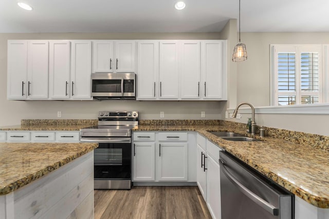 1205 Riverbirch Way, Hermitage, TN 37076 - kitchen featuring appliances with stainless steel finishes, a sink, recessed lighting, white cabinets, and wood finished floors