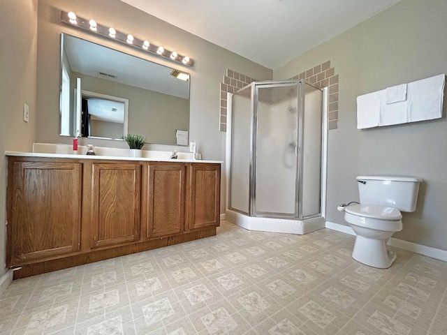 305 Wildwood Dr, Smyrna, TN 37167 - bathroom with toilet, double vanity, a stall shower, and baseboards
