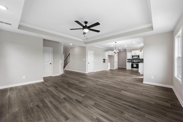 2578 Rafiki Dr, Clarksville, TN 37042 - unfurnished living room with a raised ceiling, ornamental molding, a ceiling fan, stairway, and recessed lighting