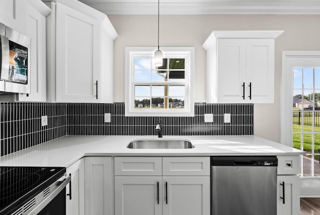 2578 Rafiki Dr, Clarksville, TN 37042 - kitchen featuring appliances with stainless steel finishes, a sink, ornamental molding, white cabinets, and hanging light fixtures