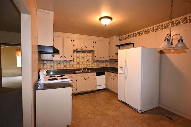 148 W Fourth Ave, Lobelville, TN 37097 - kitchen with white appliances, premium range hood, dark countertops, and a sink