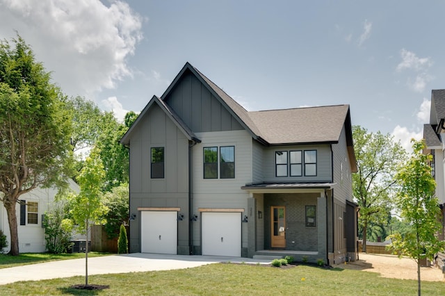 1330 Mcalpine Ave, Nashville, TN 37216 - modern farmhouse style home with board and batten siding, an attached garage, driveway, a shingled roof, and brick siding
