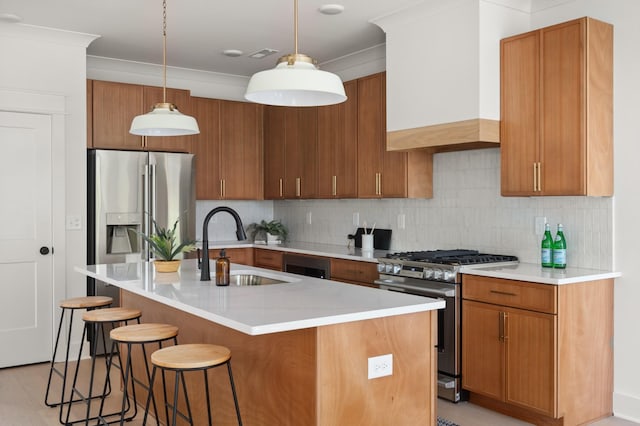 1330 Mcalpine Ave, Nashville, TN 37216 - kitchen featuring stainless steel appliances, a sink, custom range hood, tasteful backsplash, and a kitchen breakfast bar