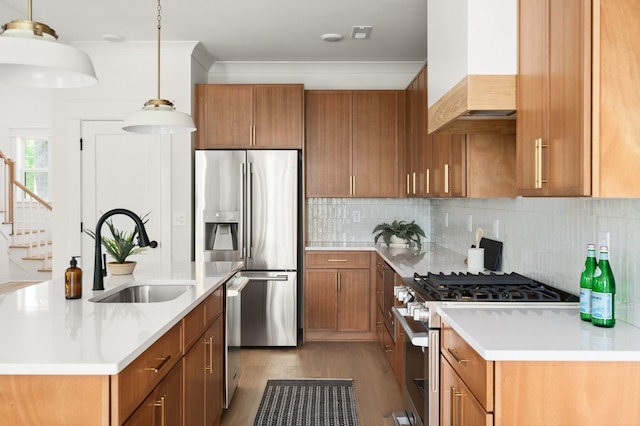 1330 Mcalpine Ave, Nashville, TN 37216 - kitchen featuring appliances with stainless steel finishes, a sink, custom range hood, dark wood finished floors, and brown cabinets