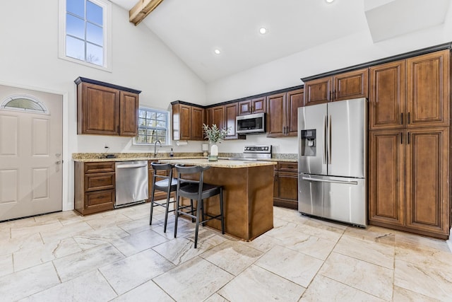 311 Grace St, Nashville, TN 37207 - kitchen featuring appliances with stainless steel finishes, high vaulted ceiling, a sink, a kitchen island, and a breakfast bar area