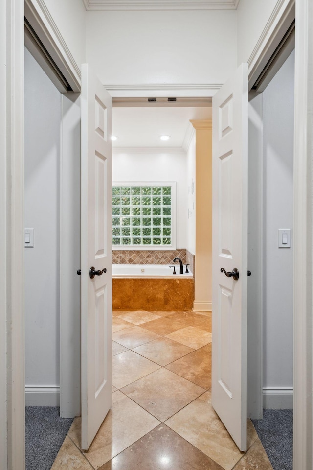 3334 Granite Springs Way, Murfreesboro, TN 37130 - bathroom with a garden tub, tile patterned flooring, crown molding, and baseboards