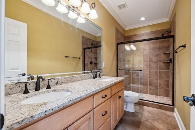 3334 Granite Springs Way, Murfreesboro, TN 37130 - full bathroom with toilet, a shower stall, ornamental molding, double vanity, and tile patterned floors