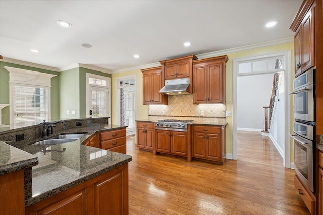 3334 Granite Springs Way, Murfreesboro, TN 37130 - kitchen with a sink, under cabinet range hood, stainless steel appliances, backsplash, and light wood-type flooring