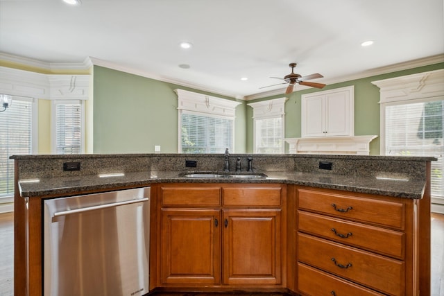 3334 Granite Springs Way, Murfreesboro, TN 37130 - kitchen featuring dishwasher, a sink, dark stone countertops, ceiling fan, and ornamental molding